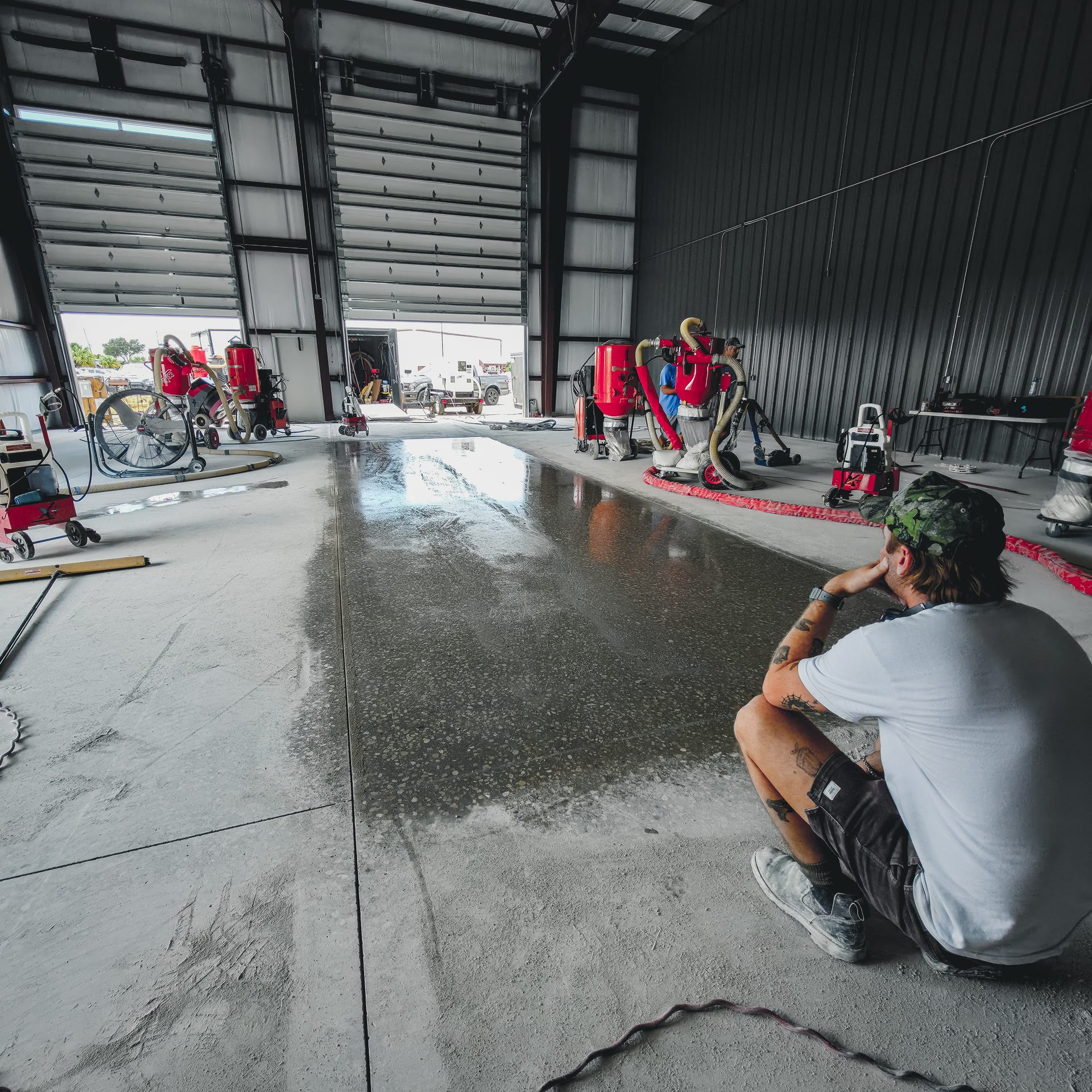Inspecting the slab mid-grind